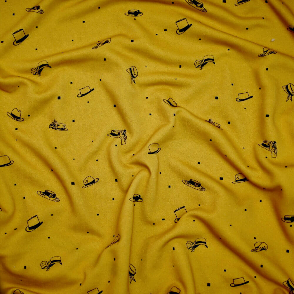 Molleton bio vendu au mètre Mars-ELLE imprimé motif Chapeaux jaune moutarde Harmattan