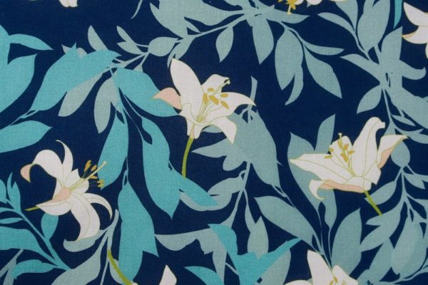 tissu bio popeline coton fleur Mars-ELLE GOTS coton biologique couture durable écologique Jungle Lys bleu foncé turquoise blanc