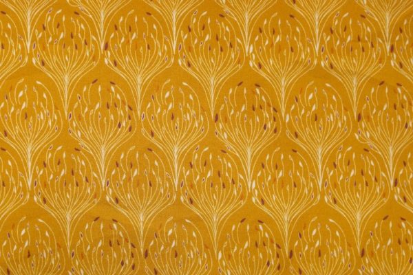 tissu bio popeline coton fleur Mars-ELLE GOTS coton biologique couture durable écologique Art-déco plume de paon jaune moutarde