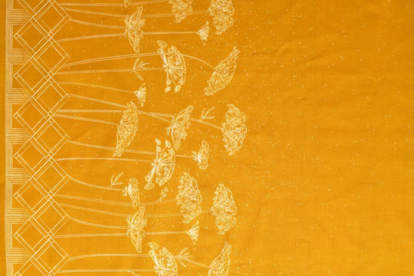 tissu bio coton popeline imprimé fleur ombelle jaune moutarde motif bordure Mars-ELLE