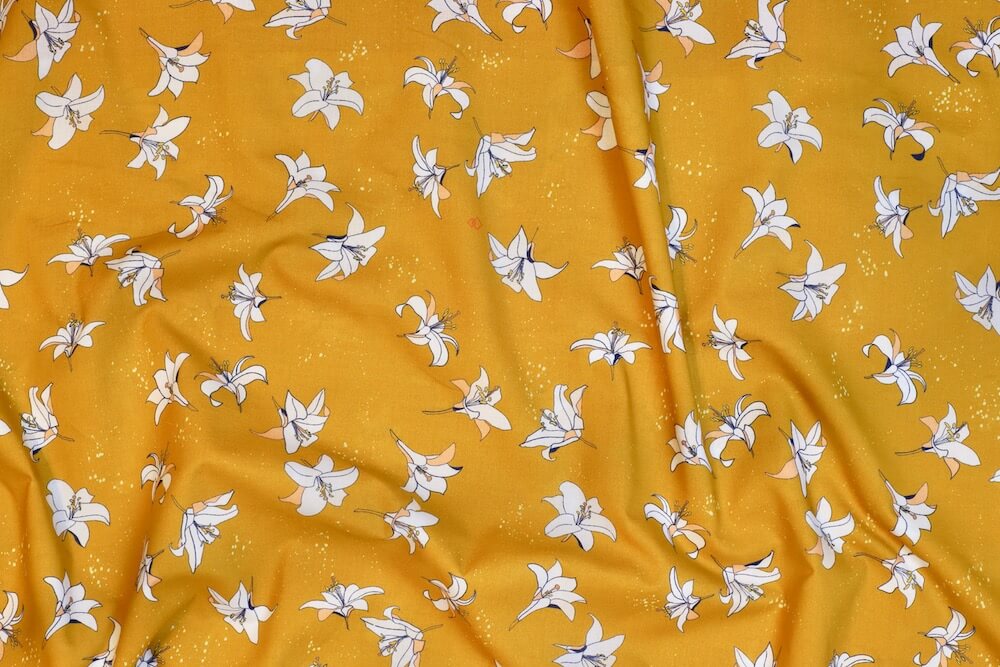 tissu bio popeline imprimé fleur jaune moutarde Mars-ELLE