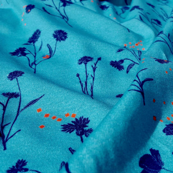 tissu bio imprimé jersey bleu